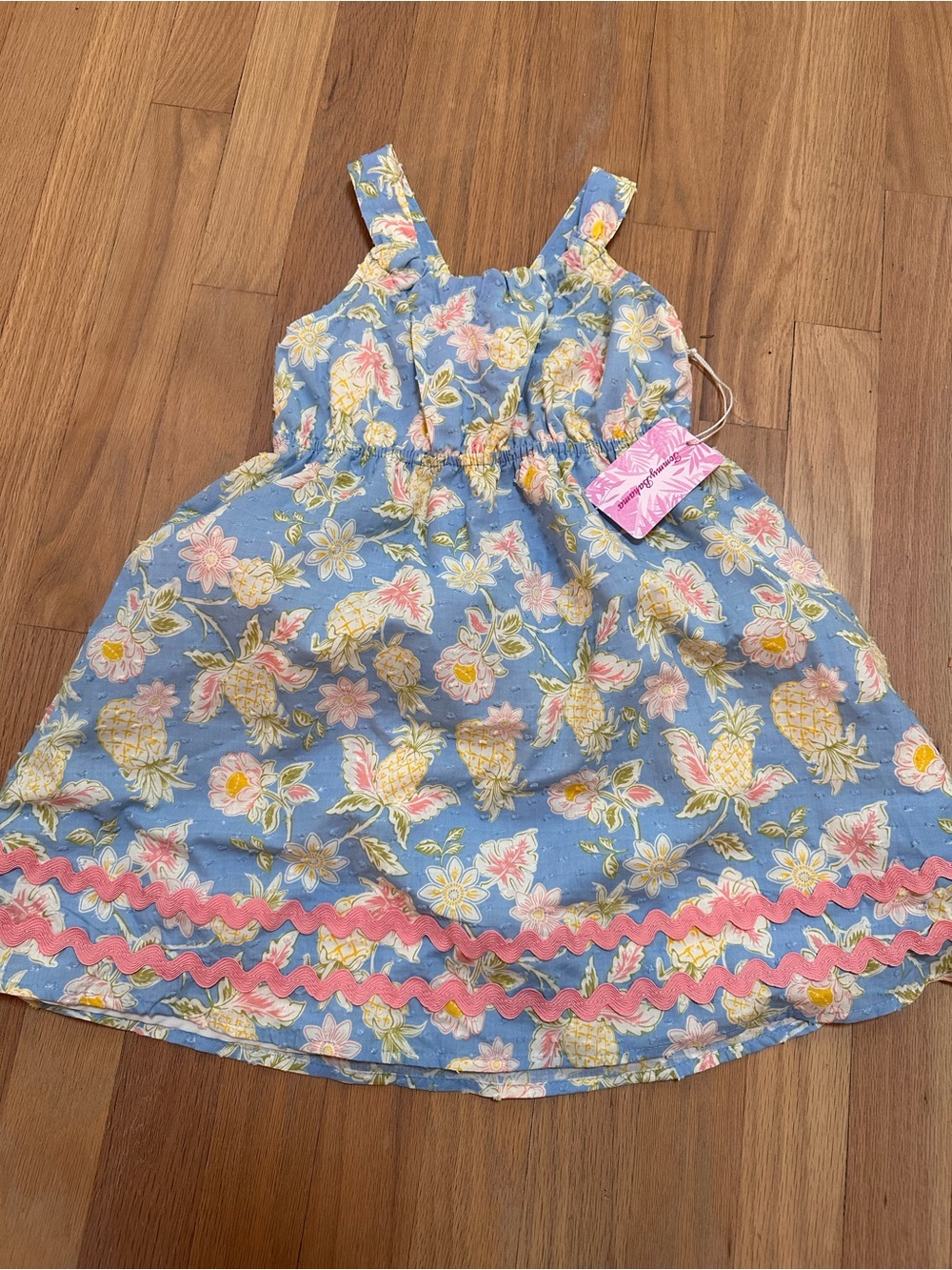 Tommy Bahama Girls Blue Floral Pineapple Sundress with Pink Trim